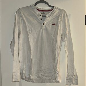 Hollister Men's White Long-Sleeve Henley with Red Logo